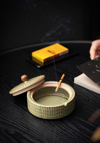 Handmade Retro Ashtray with Wood Lid | Japanese Pottery | Suitable for Outdoors - JUGLANA