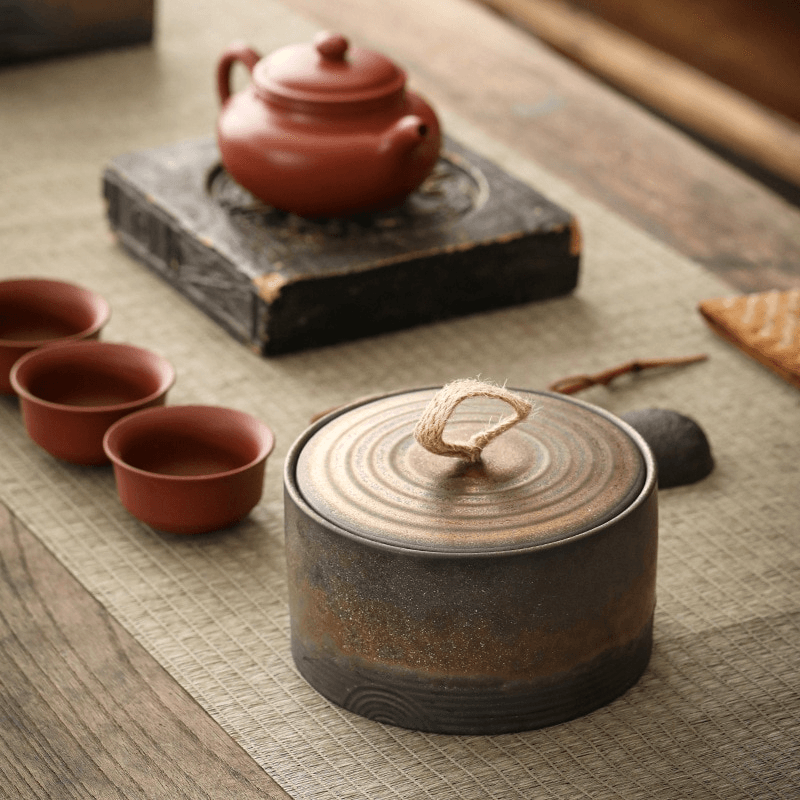 Large Stoneware Tilley Food Storage Canister With Wood Lid Black