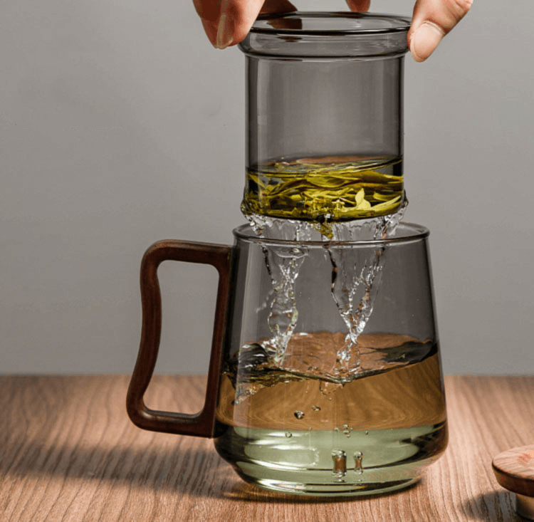 Heat Resistant Tea Mug | Wood Lid, Metal Infuser | Toned Glass - JUGLANA