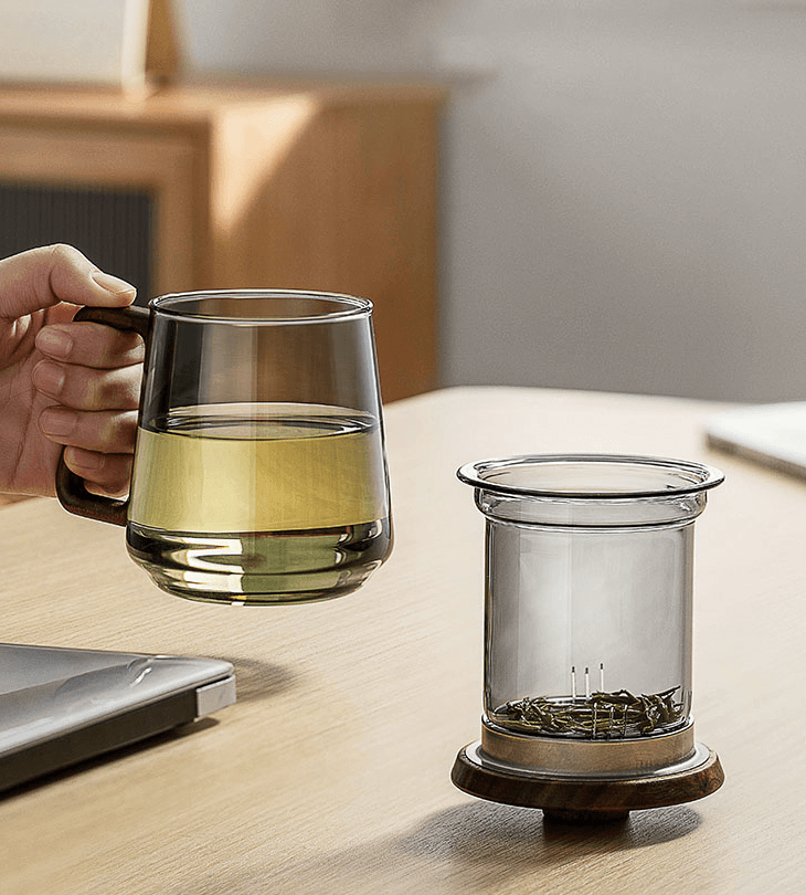 Heat Resistant Tea Mug | Wood Lid, Metal Infuser | Toned Glass - JUGLANA