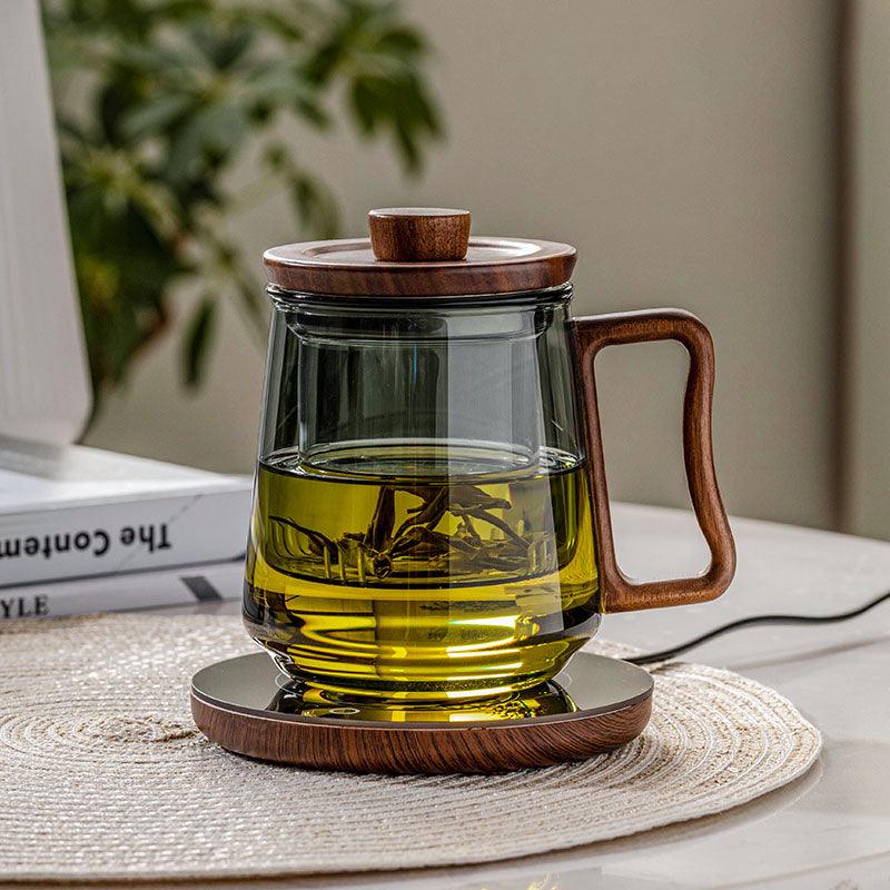 Heat Resistant Tea Mug | Wood Lid, Metal Infuser | Toned Glass