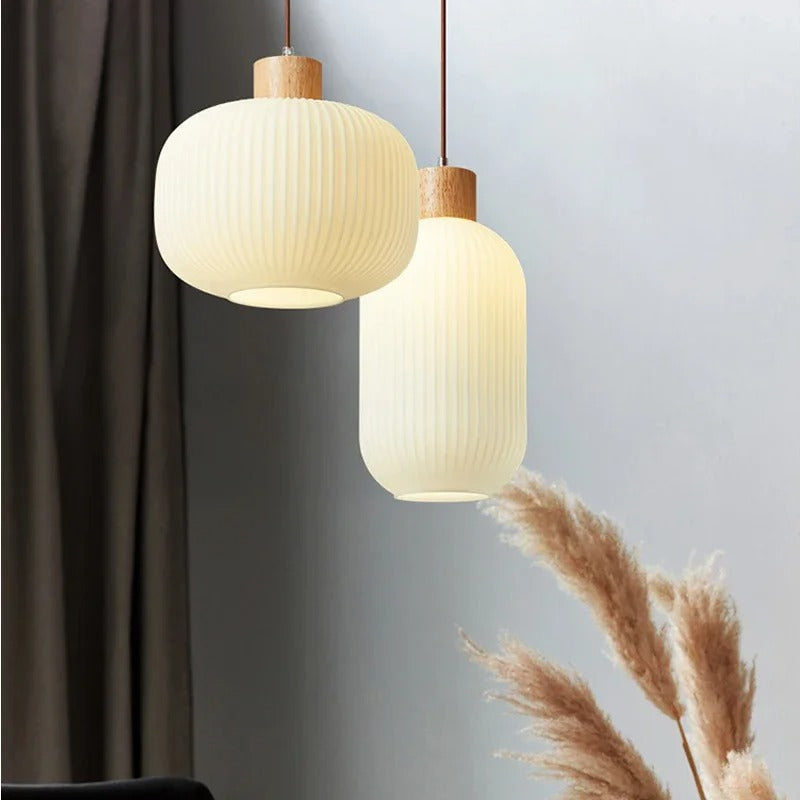 Japanese Riflet  Pendant Lamp | Frosted Glass, Wood